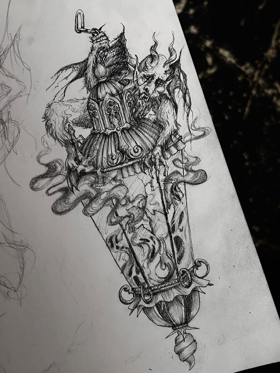 Dark warrior in coffin lantern