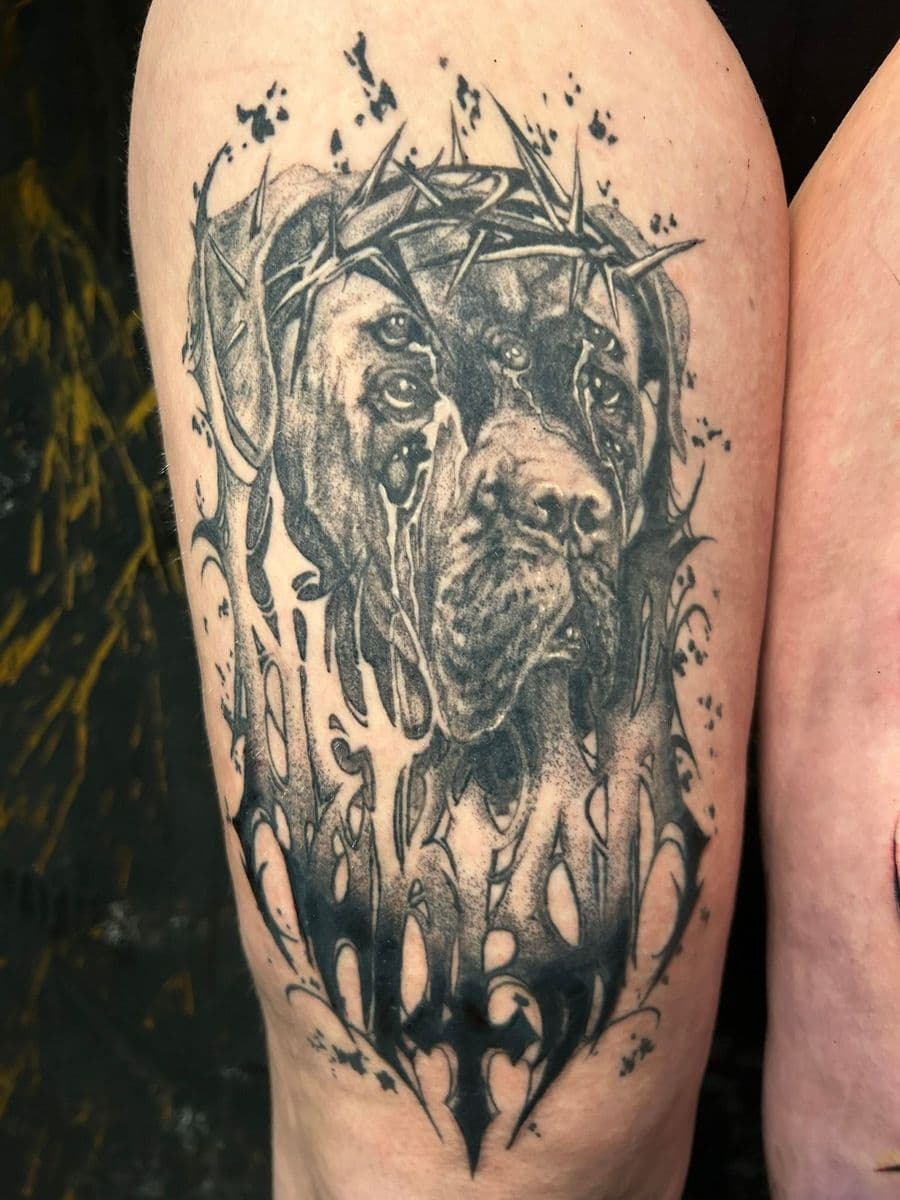 Dog portrait with thorns on thigh
